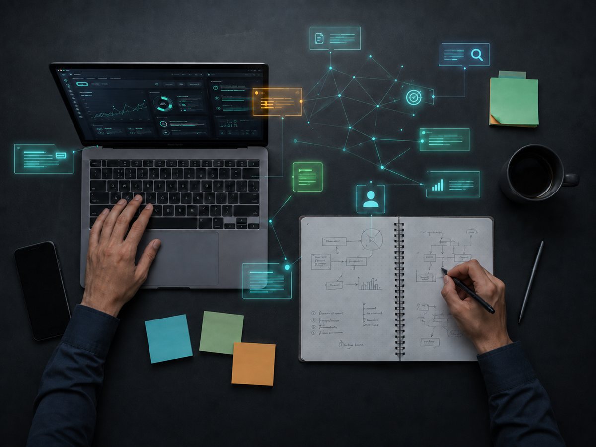 Mesa de trabalho vista de cima, com notebook, caderno de anotações e elementos de planejamento