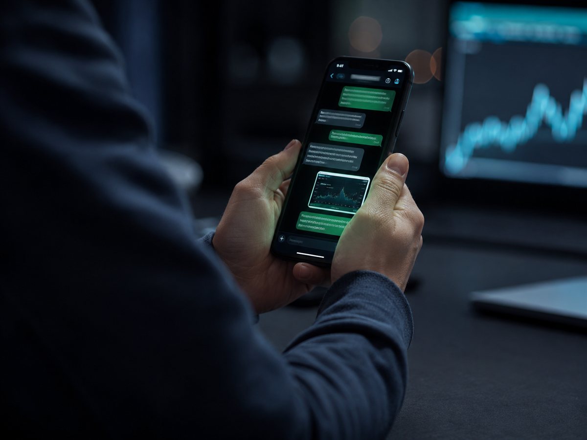Mãos segurando um celular com uma conversa de acompanhamento, em escritório à noite